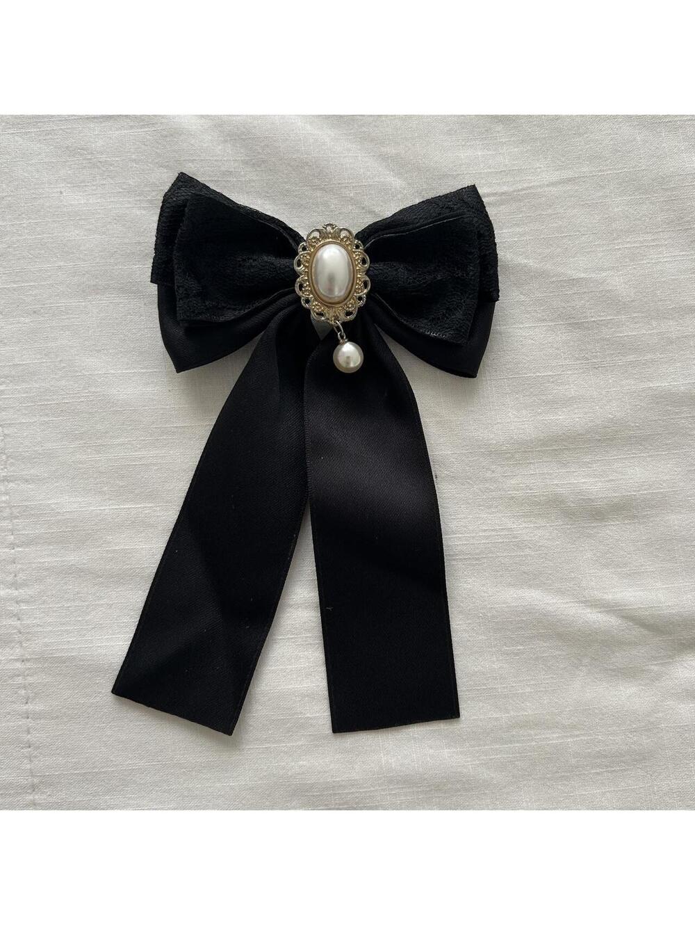 Black Satin Lace Bow Pin Hair Clip Faux Pearl Gothic Lolita Japan